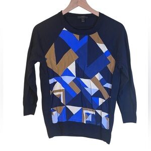 J. Crew 100% Merino Wool 100% Front Panel Geometric Blue and Brown Sweater XS